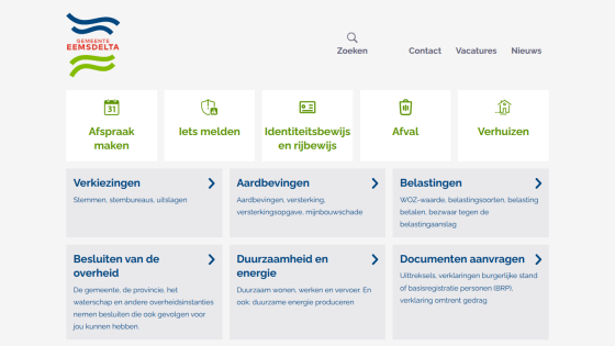 Municipality Eemsdelta website with navigation links for appointments, reporting, IDs, waste, moving, elections, earthquakes, taxes, government decisions, sustainability, and document requests