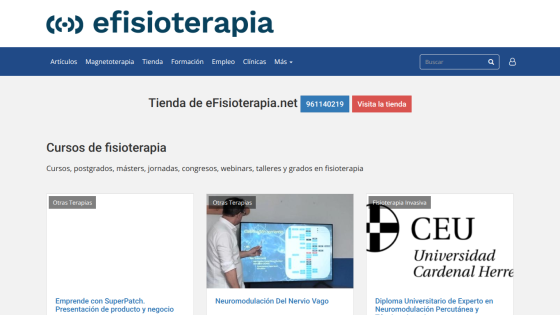 eFisioterapia website showing physiotherapy courses, navigation menu, and contact info