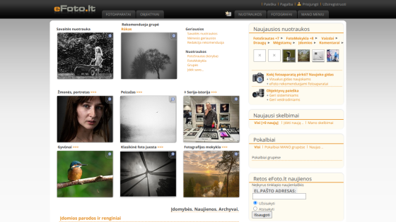 eFoto.lt homepage with photo categories like portraits, landscapes, animals, and photo school, plus latest photos and announcements