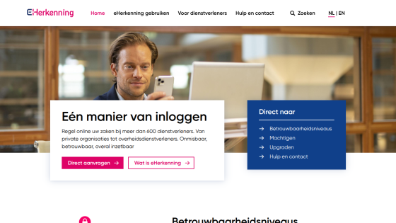 Login page with a man’s portrait, headline about a new way to log in, and buttons for direct login and explanation