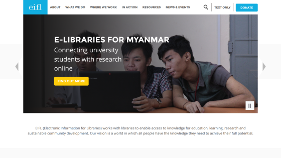E-libraries for Myanmar connecting university students with research online with navigation and donate button
