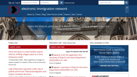 Electronic Immigration Network homepage with news headline on asylum reforms, navigation menu, and links to case law and best practice guide