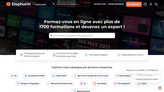 Elephorm online training platform homepage offering over 1700 courses with search and categories like 3D, Architecture, Audio, Design, IA, and more