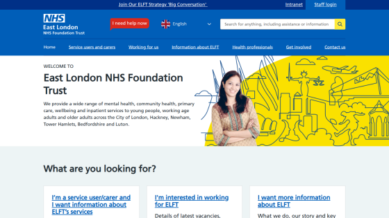East London NHS Foundation Trust homepage with navigation, search bar, and sections for service users, workers, and information about ELFT