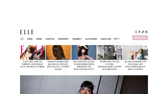 Elle magazine homepage with navigation menu, featured articles, and a large hero image of a woman wearing a hat