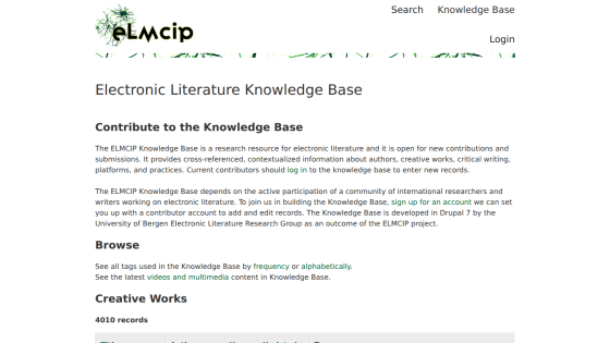 Electronic Literature Knowledge Base homepage with contribution info, browse options, and creative works count