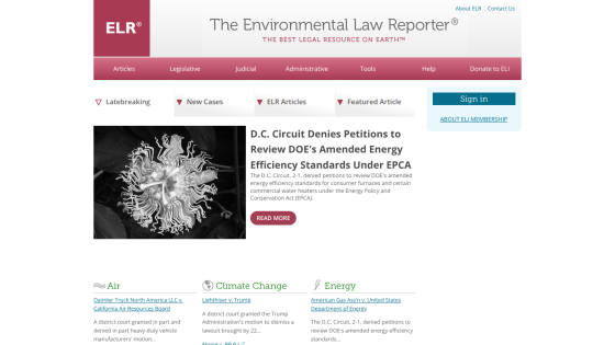 The Environmental Law Reporter homepage with navigation, featured article on DOE energy efficiency standards, and sign-in option