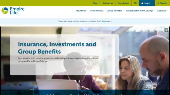 Empire Life website header with navigation and hero section about insurance, investments, and group benefits