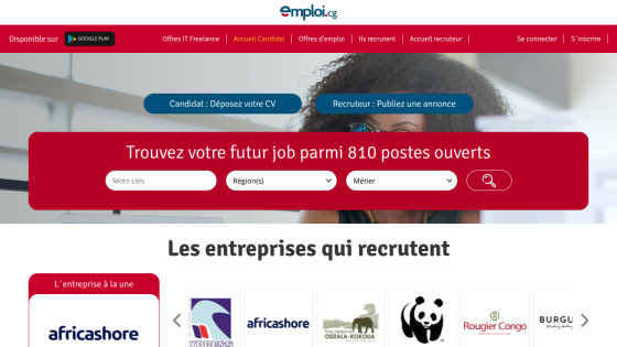 Job search site homepage with search bar for job title and location, plus logos of recruiting companies