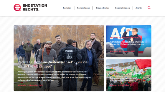 News site Endstation Rechts with articles on right-wing book fair, AfD speech, and right-wing activities in Thuringia