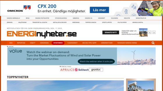 EnergiNyheter.se homepage with news navigation, a webinar ad on wind and solar power, and top news section
