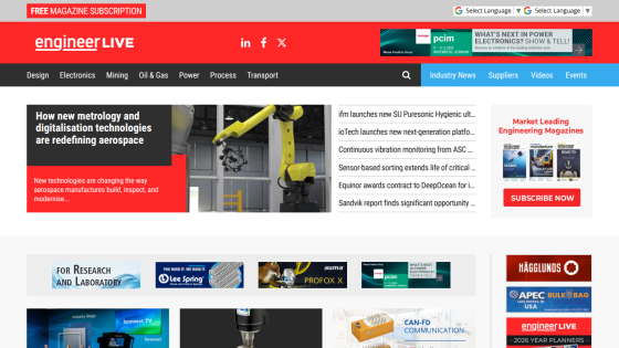 Engineer Live website with aerospace metrology article, navigation menu, and subscription prompt