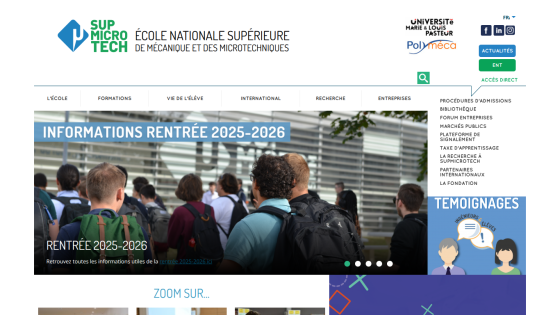 Homepage of Supméca with navigation menu and hero banner about 2025-2026 school year information