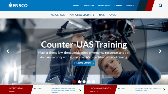 ENSCO website with navigation and hero section promoting Counter-UAS Training with immersive, ASIS-certified on-site training