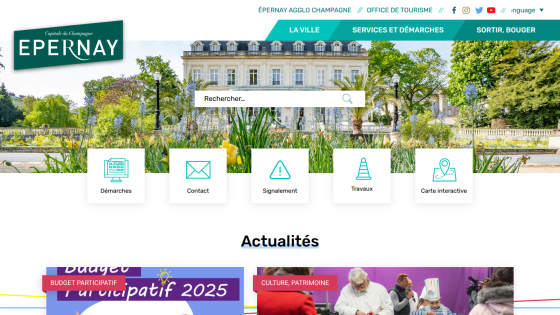 Epernay city tourism site with a garden and building background, search bar, and navigation icons for démarches, contact, signalement, travaux, and interactive map