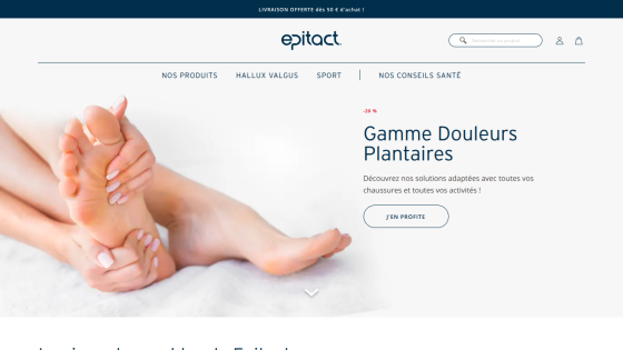 Epitact website showing foot care products for plantar pain with navigation and search bar