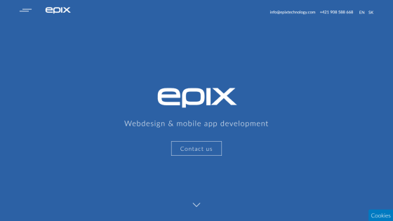 Epix webdesign and mobile app development homepage with contact button and navigation links