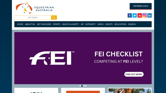Equestrian Australia homepage with navigation menu, search bar, social media links, and 2024-25 annual report promotion