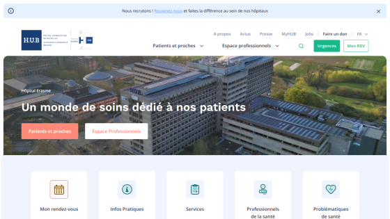 Hospital website homepage with navigation, hero image of hospital building, and patient and professional sections