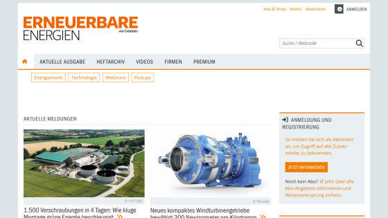 Renewable energy news site with headlines on smart screw connections and compact wind turbine gearboxes