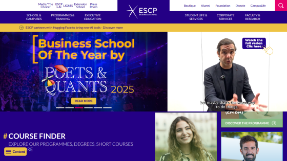 ESCP Business School homepage with navigation, banner announcing Business School of the Year by Poets & Quants 2025, and course finder section