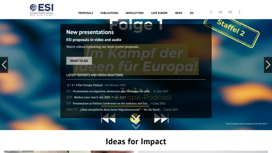 European Stability Initiative homepage featuring new presentations in video and audio with latest reports and media reactions