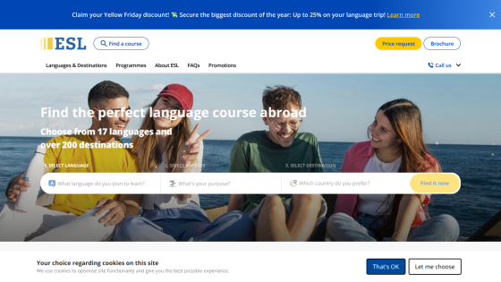 ESL language course website with search options and discount banner, showing happy young people by the sea