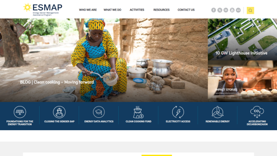 ESMAP homepage with navigation menu, blog feature on clean cooking, and sections on energy transition topics