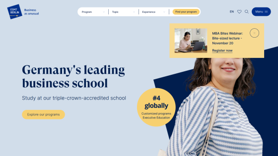 Germany's leading business school with triple-crown accreditation, program exploration button, and MBA webinar promotion