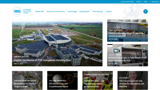 European Spallation Source homepage with news articles on construction, neutron production, and collaborations.