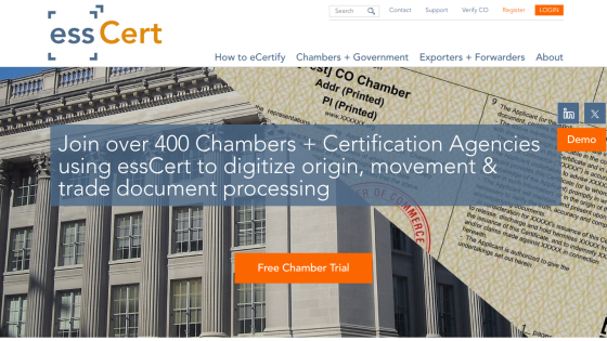 Website header and hero section promoting essCert's service to digitize origin, movement, and trade document processing with a free trial button