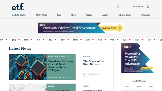 Homepage of ETF website featuring latest news and market updates.