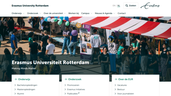 Erasmus University Rotterdam homepage featuring a vibrant outdoor event with stalls and people.