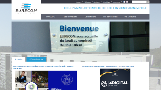 Homepage of EURECOM with welcome message and navigation links.
