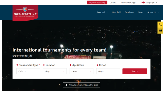 Euro-Sportring homepage with navigation and search form for international tournaments by type, location, age group, and period