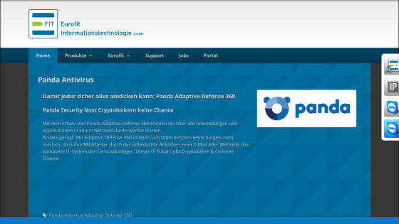 Eurofit Informationstechnologie website showing Panda Antivirus with Adaptive Defense 360 protection details