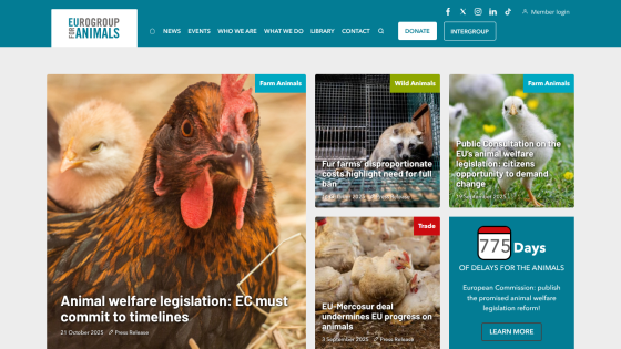 Eurogroup for Animals homepage with news on animal welfare legislation and EU progress, featuring images of farm and wild animals