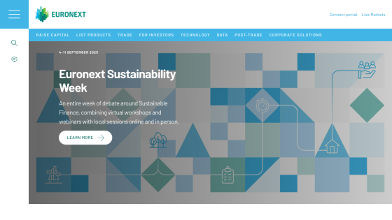 Euronext Sustainability Week announcement with a call to action button.