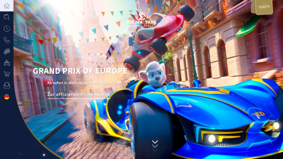 Colorful racing game promotional section featuring a character in a blue car with festive decorations.