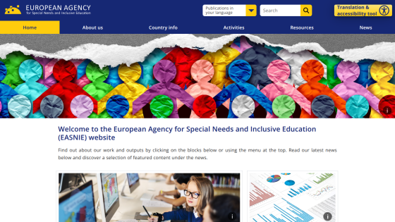 European Agency for Special Needs and Inclusive Education homepage with navigation menu and colorful paper cutout figures banner