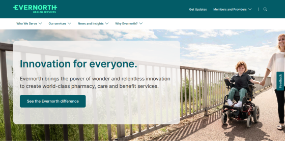 Evernorth homepage featuring the tagline 'Innovation for everyone' and a call to action.