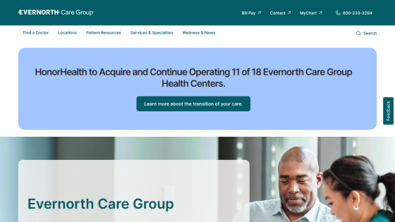 Evernorth Care Group homepage with announcement about HonorHealth acquisition and navigation links for finding doctors, locations, and patient resources.