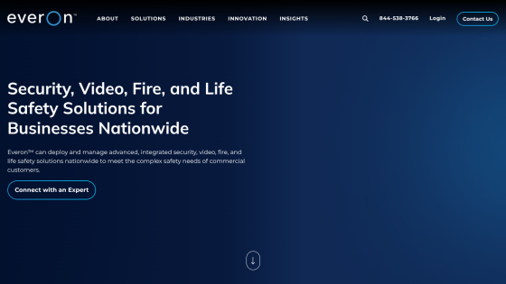 Homepage hero section for EverOn offering security, video, fire, and life safety solutions with call to action button