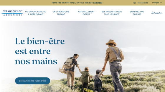 Expanscience Laboratoires homepage with slogan about well-being and a family walking outdoors, plus navigation links.
