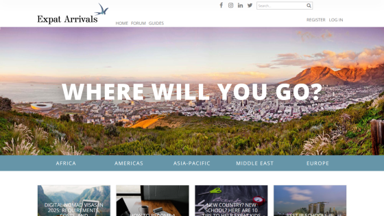 Homepage of Expat Arrivals featuring a scenic view and the question 'Where will you go?'