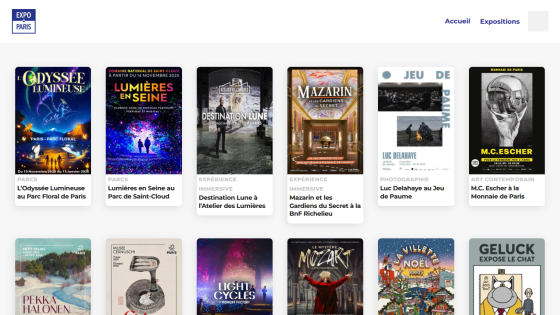 Expo Paris website showing upcoming exhibitions with titles and dates in a grid layout