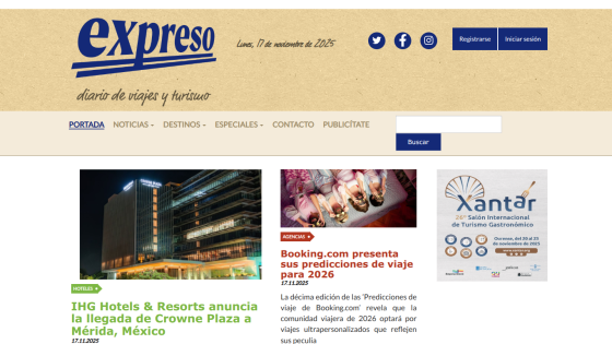 Travel and tourism news site Expreso with articles on Crowne Plaza Mérida opening and Booking.com travel predictions for 2026.