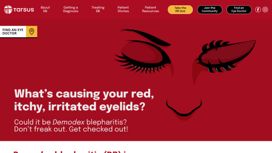 Website about eye health with navigation and a hero section asking about red, itchy, irritated eyelids and Demodex blepharitis