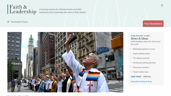 Faith & Leadership site header with navigation, a large photo of people praying in a city street, and a news section listing church-related headlines