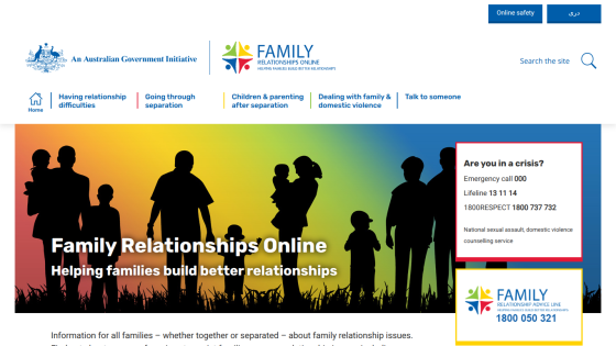 Family Relationships Online homepage with navigation, crisis contact numbers, and a family silhouette hero image